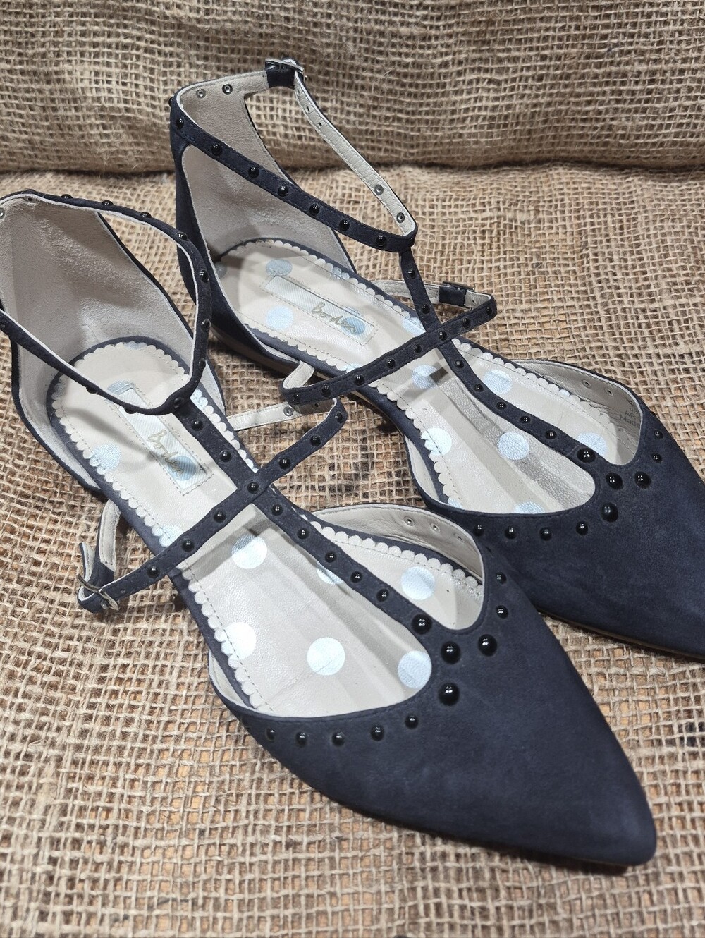 Boden Pointed Suede T-Strap Flats with Stud Accents - Black Size 40